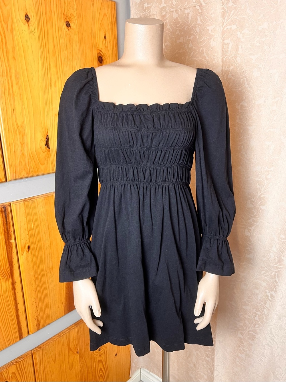 H&M Black Square Neck Long Sleeve Flowy Mini Dress with Smocking - Sz S